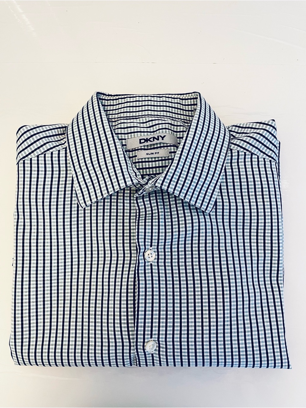 DKNY Men's Blue and White Pinstriped Dress Shirt